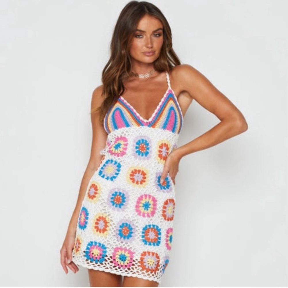 Beginning Boutique Colorful Grandma Square Crochet Mini Dress NWT